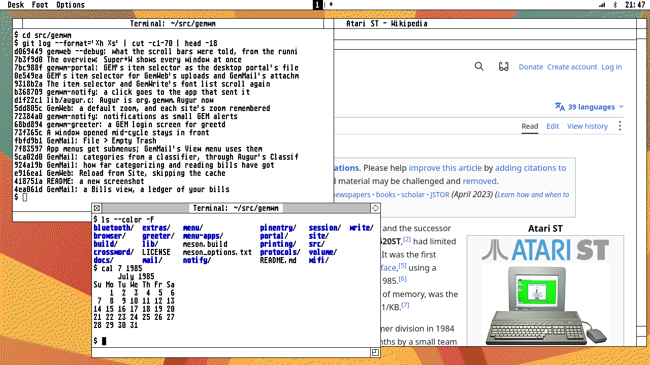 Window mode: a terminal and GemWeb overlapping on the desktop