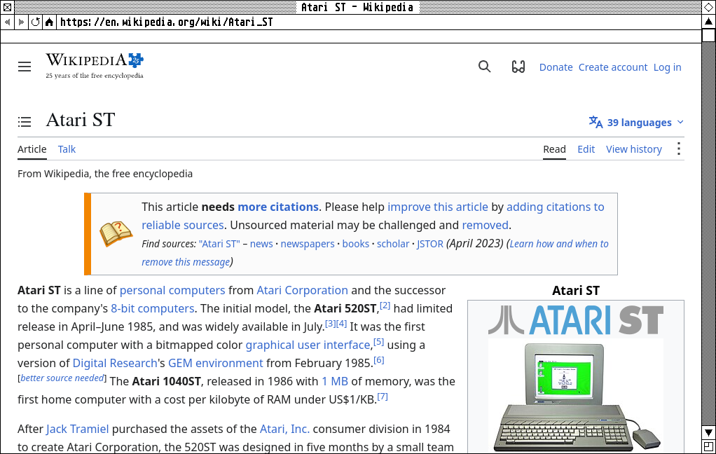 GemWeb showing the Wikipedia article on the Atari ST, with GEM scroll bars in its frame