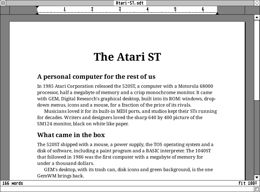 GemWrite with a document about the Atari ST, its ruler above the page