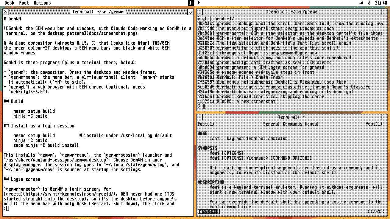 Tiling mode: three terminals sharing the screen